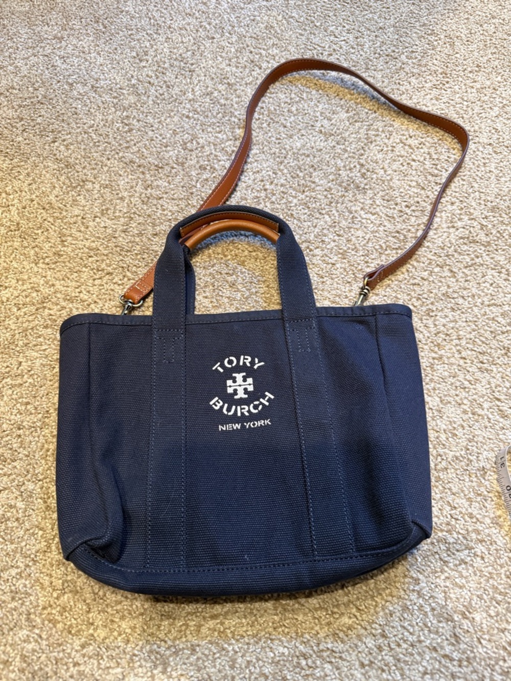 Tory Burch Navy Canvas Messenger Tote with Tan Leather Strap